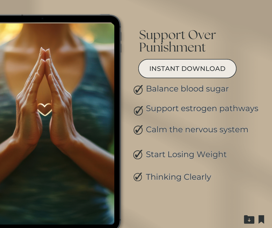 Person with hands in prayer position on a blurred background with text about support over punishment and its benefits.