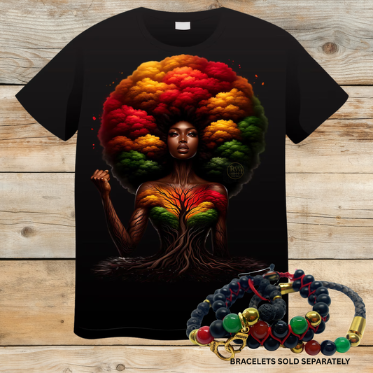 Black t-shirt with a colorful design of a woman with an afro, paired with two bracelets on a wooden surface.