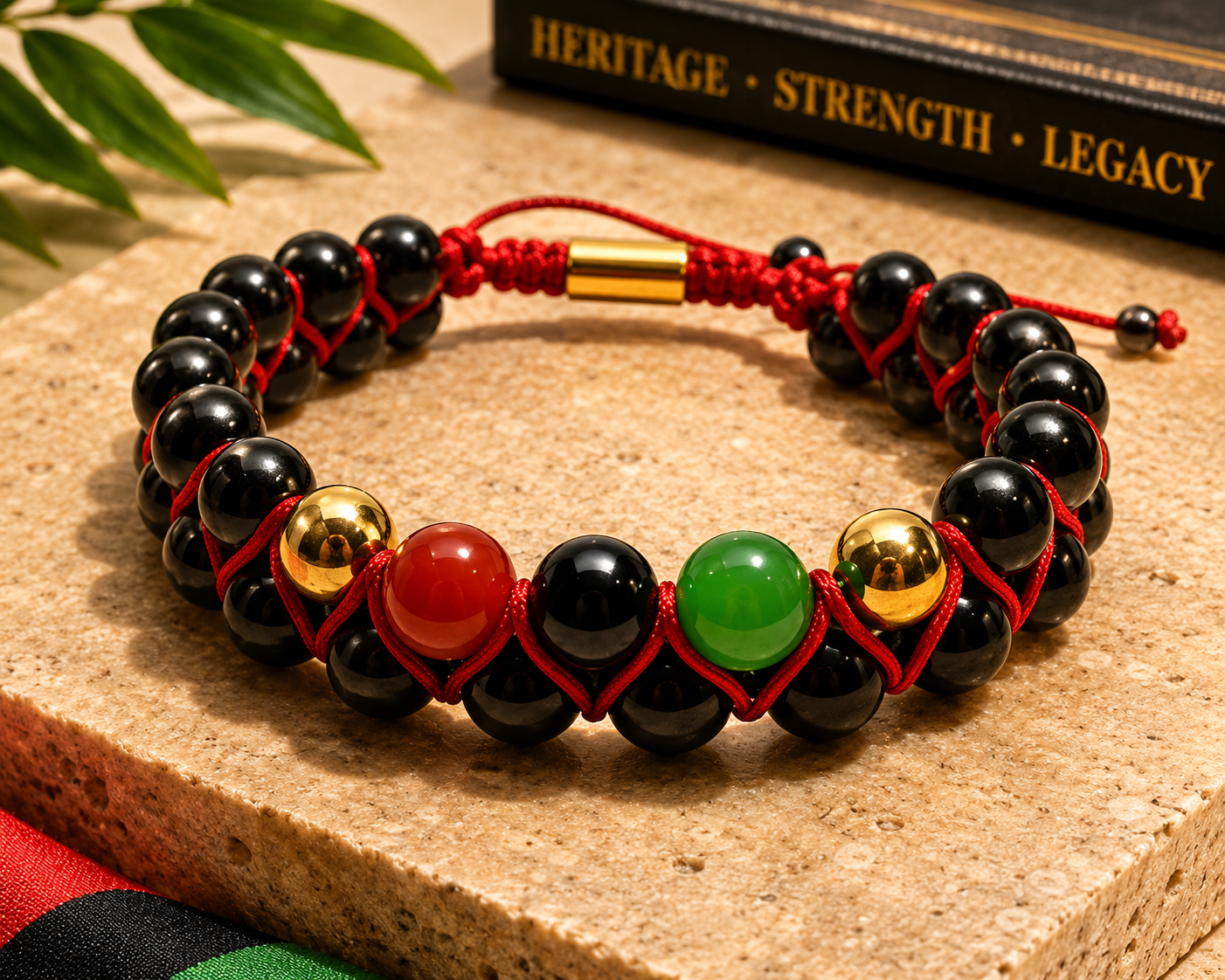Black beaded bracelet with red string and colored beads on a wooden surface.