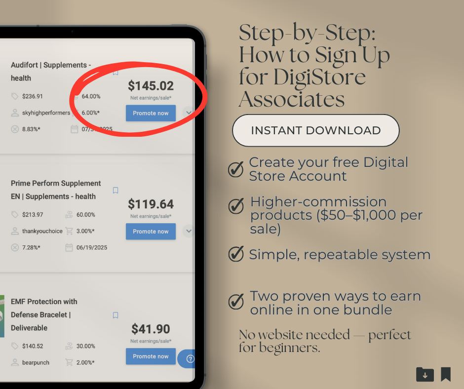 Phone screen showing a digital store with product commisions and a text overlay about signing up for DigiStore Associates.