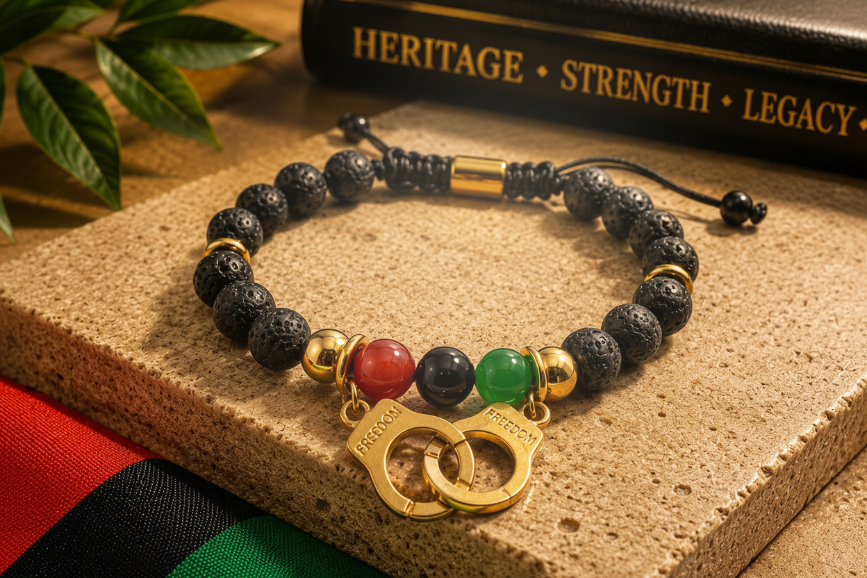 Bracelet with black beads and gold clasp on a textured surface with 'Heritage', 'Strength', and 'Legacy' text in the background.