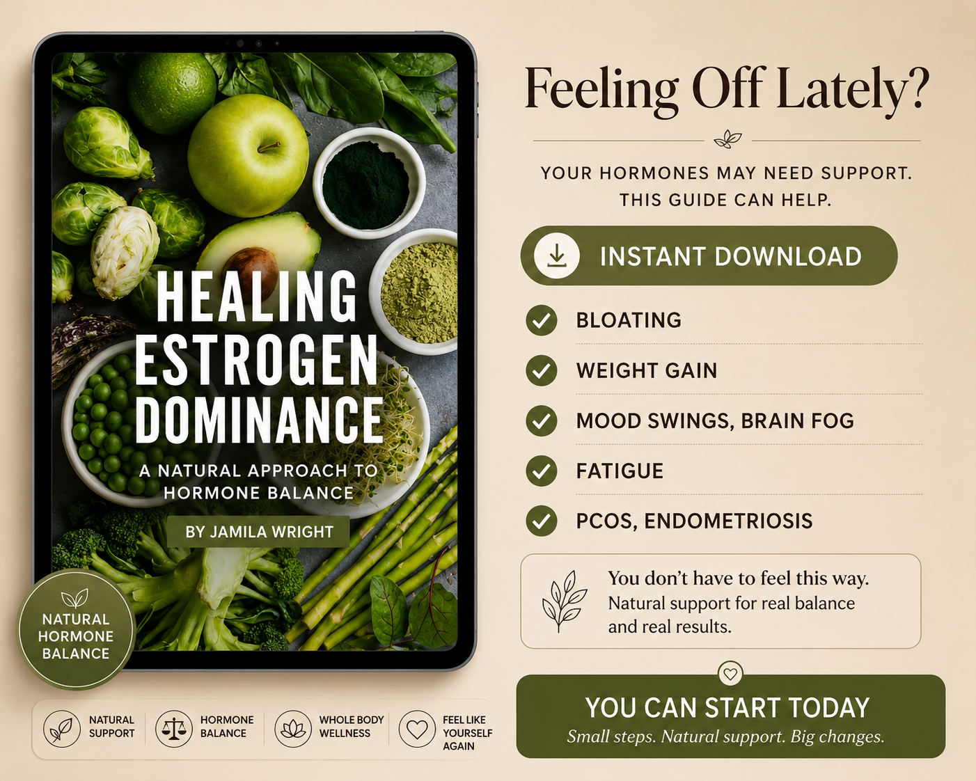 Promotional graphic for 'Healing Estrogen Dominance' with green vegetables and a download button.