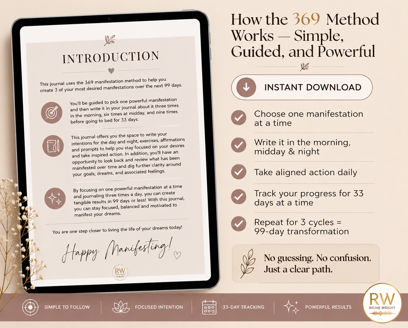 Promotional graphic for the 369 Method journal with text and tablet displaying content.