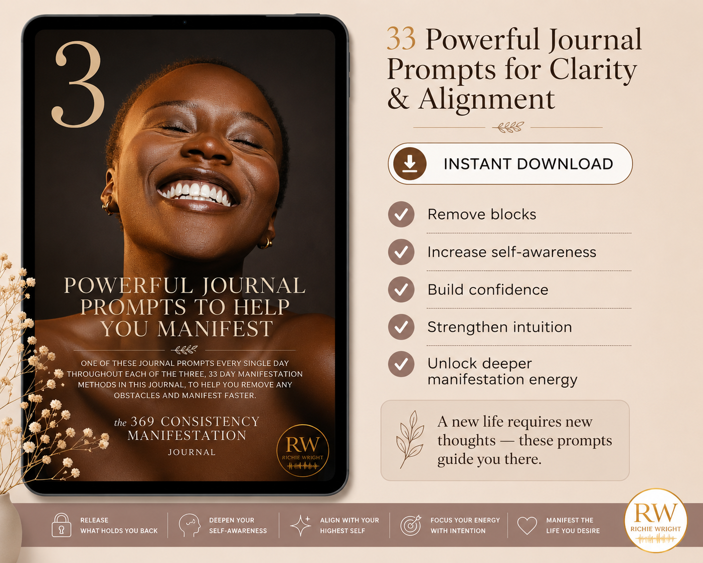 Promotional graphic for a journal with a woman's face and text about journal prompts.