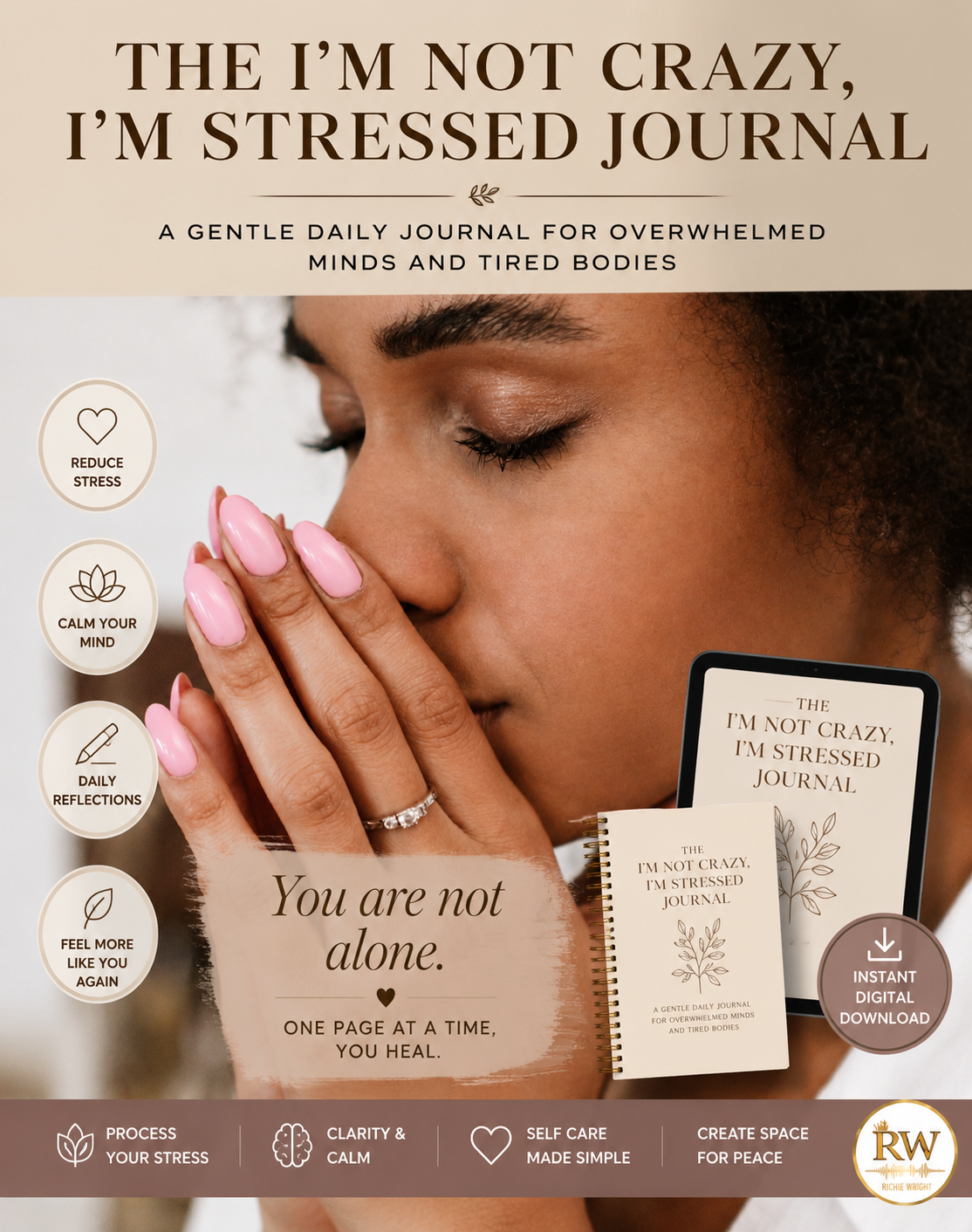 Book cover of 'The I'm Not Crazy, I'm Stressed Journal' with a woman holding her head in her hands.