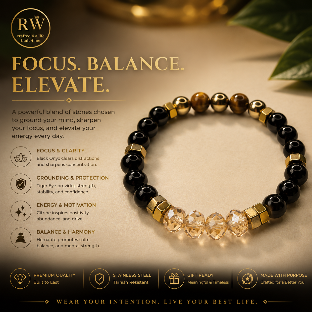 Bracelet with black, gold, and clear beads on a beige background with text about its benefits.