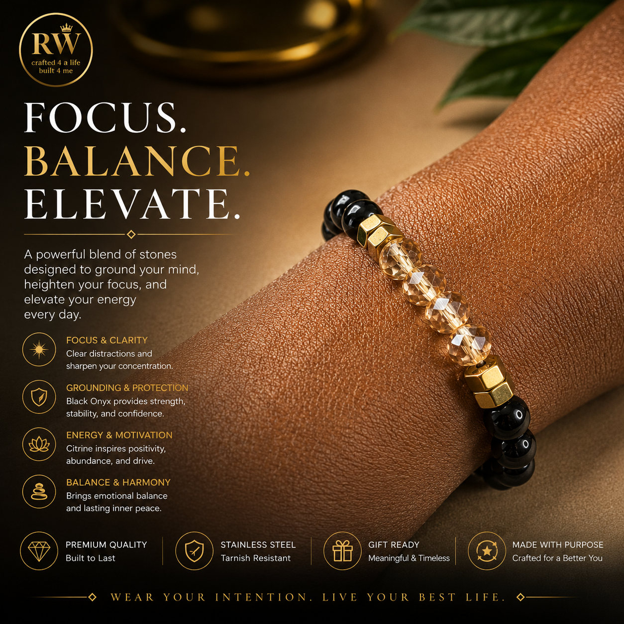 Bracelet on wrist with promotional text about focus, balance, and elevation.