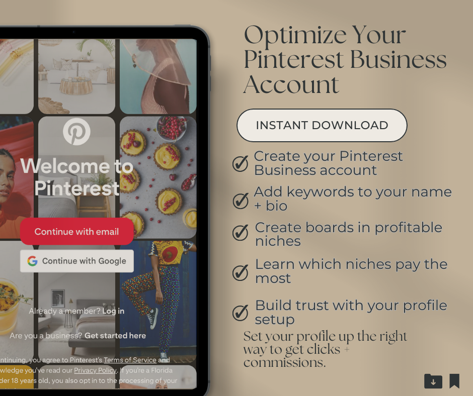 Screen of a smartphone displaying Pinterest app with promotional text on optimizing a Pinterest business account.