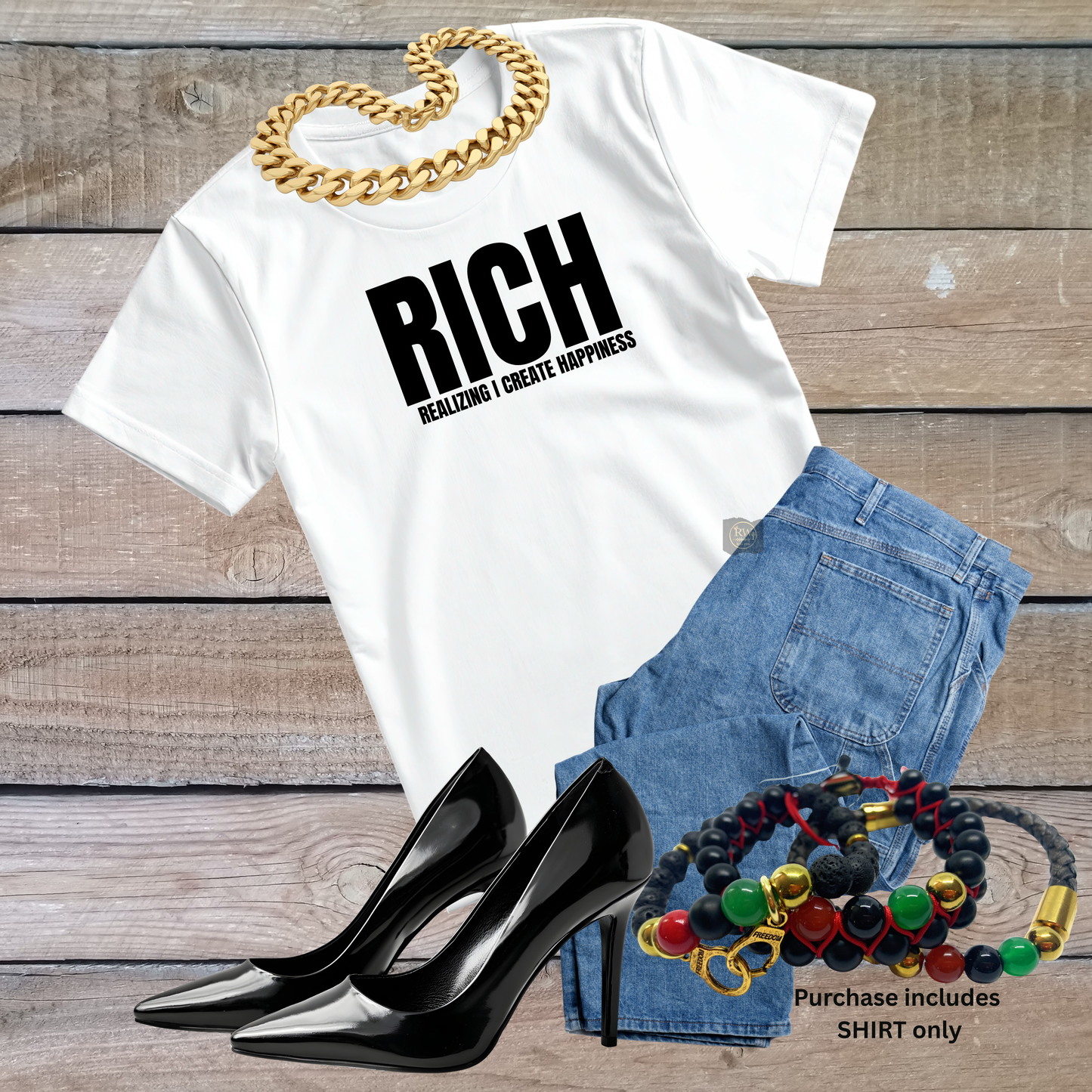 White t-shirt with 'RICH' text, black high heels, denim shorts, and colorful bracelets on a wooden surface.