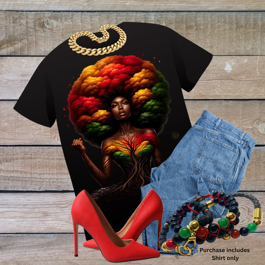 Black t-shirt with colorful afro design, red high heels, blue jeans, and beaded necklace on a wooden surface.