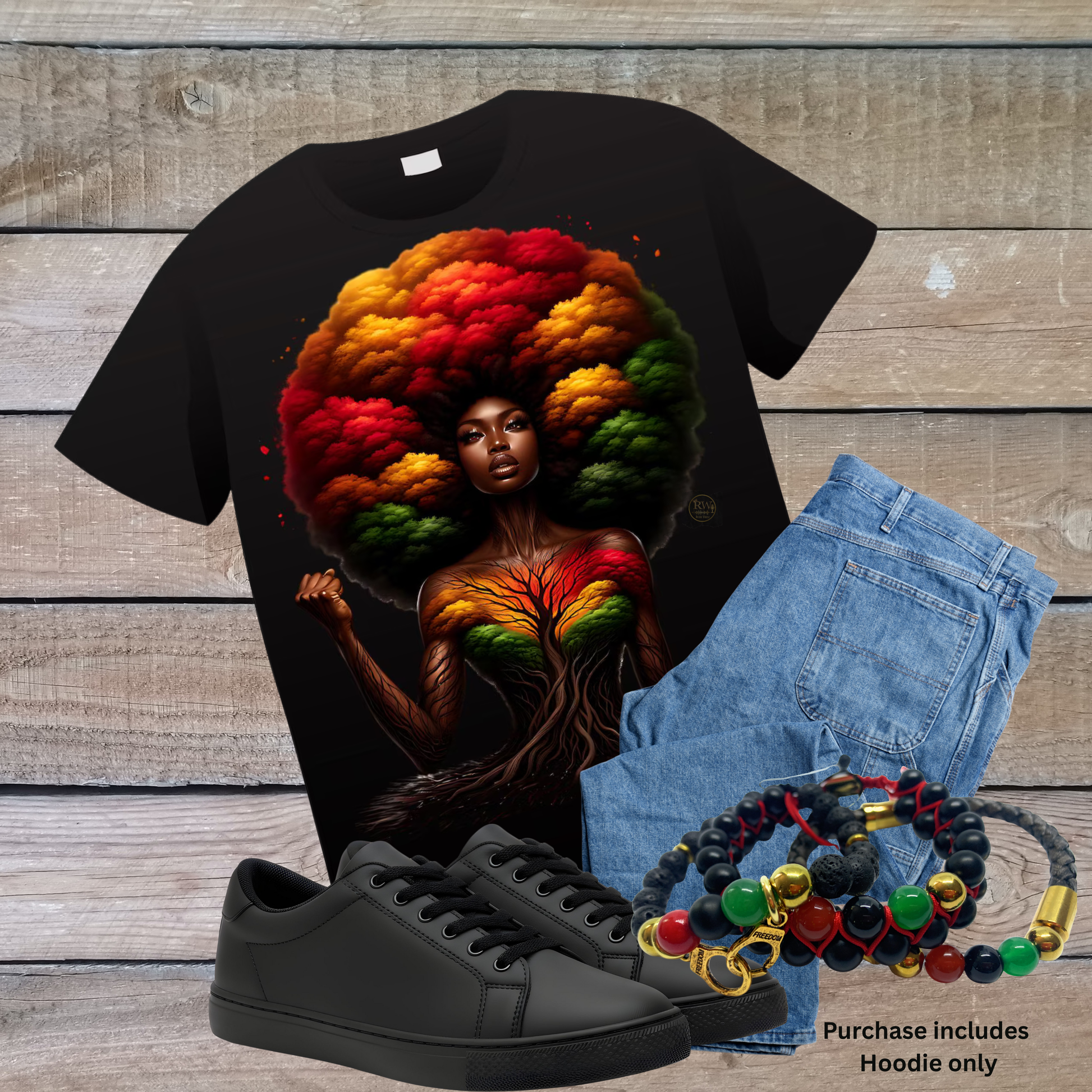 Black hoodie with colorful design, black sneakers, blue jeans, and colorful bracelets on a wooden surface.