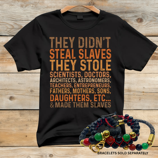 Black t-shirt with text on a wooden background, accompanied by colorful bracelets.